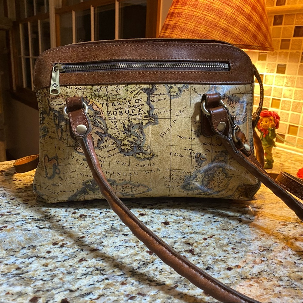 Patricia Nash Vintage Map Print Leather Shoulder Bag